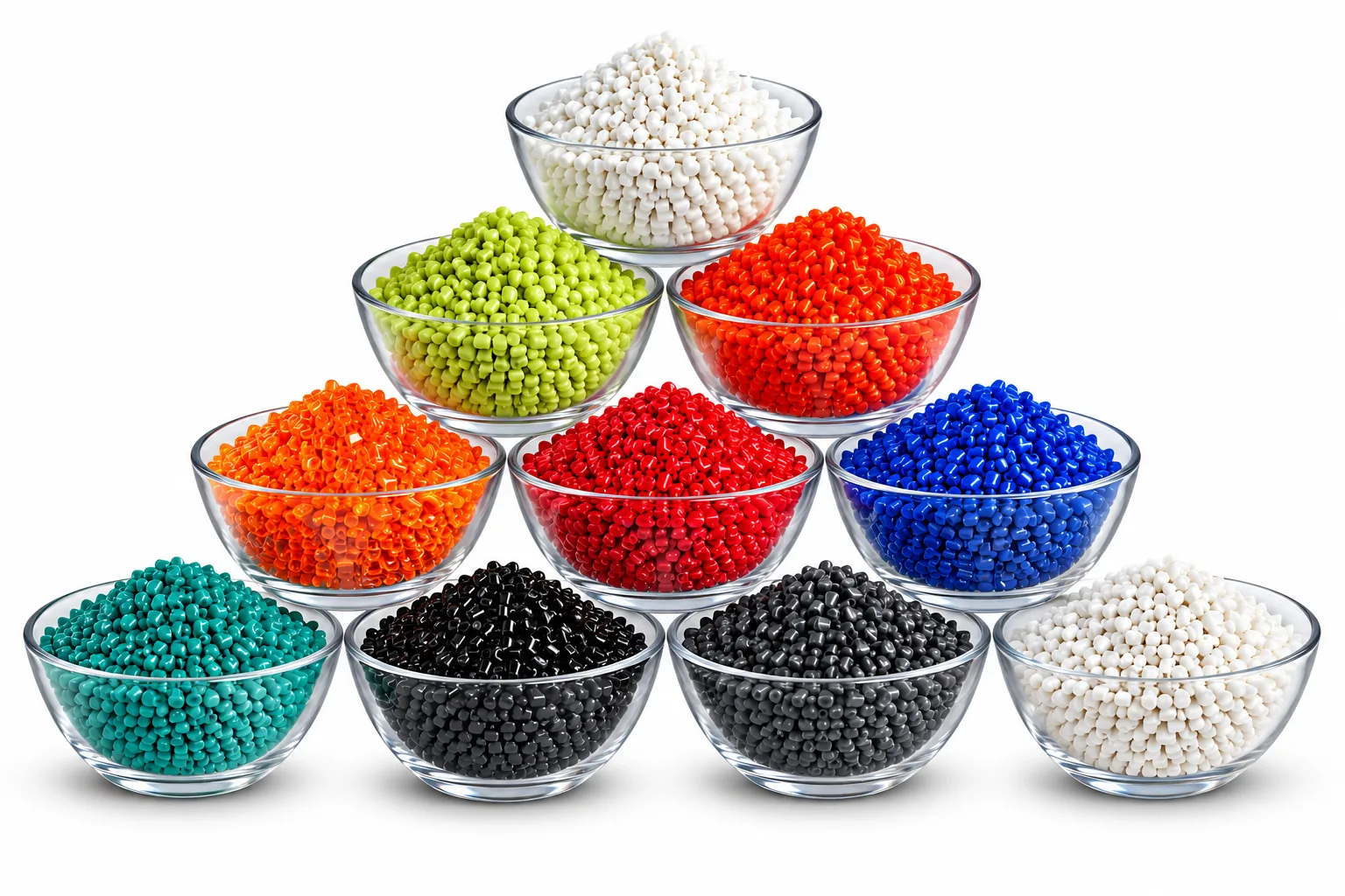 Polycarbonate granules in ten colours — white, lime, orange, red, blue, teal, black and grey — in glass bowls